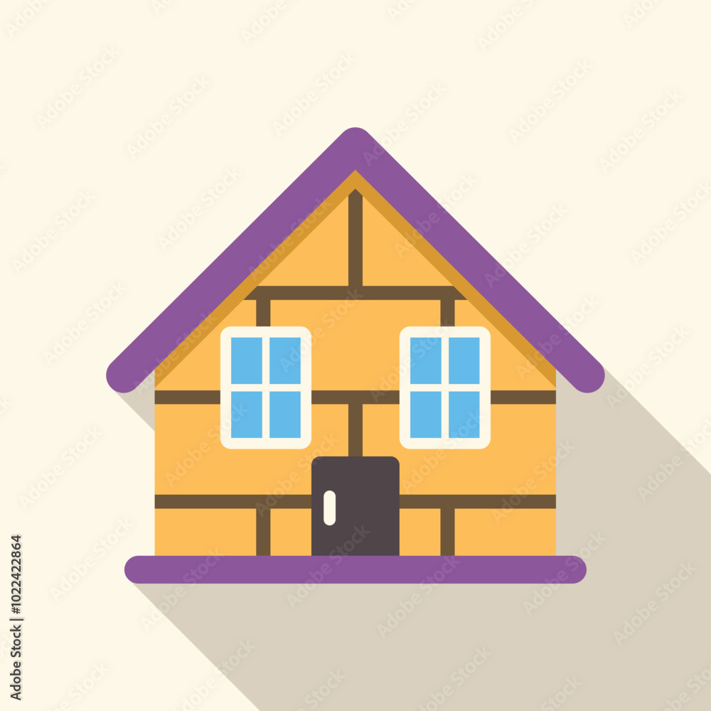 Small brick house with purple roof casting long shadow on white background, in flat design style Small brick house with purple roof casting long shadow on white background, in flat design style