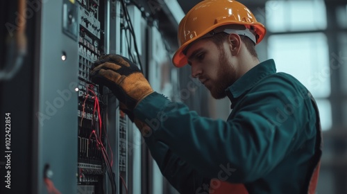 An industrial electrician working on a high-voltage electrical panel in a factory, using insulated tools for safety,