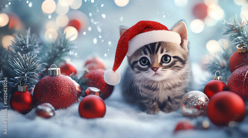 A cute kitten wearing a Santa hat surrounded by Christmas ornaments and snow, creating a festive and cheerful winter atmosphere. A cute kitten wearing a Santa hat surrounded by Christmas ornaments and snow, creating a festive and cheerful winter atmosphere.