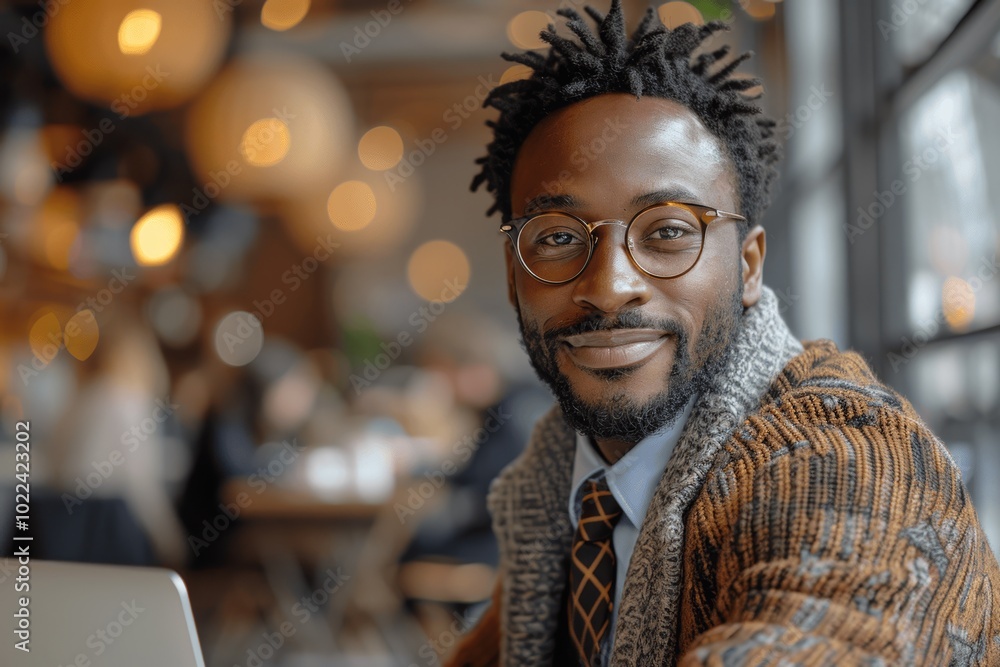 Smiling businessman in sweater and tie working on laptop in office cafe with headphones Smiling businessman in sweater and tie working on laptop in office cafe with headphones