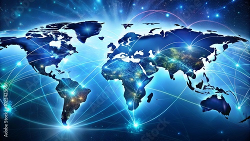 A vibrant blue world map, illuminated with radiant lines of connection, symbolizing global interconnectedness and the flow of information across continents.