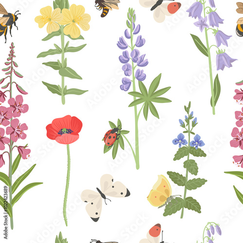 seamless pattern with field flowers and insects, vector drawing flowering plants, butterflies,bee and ladybug at white background, floral ornament, hand drawn botanical illustration