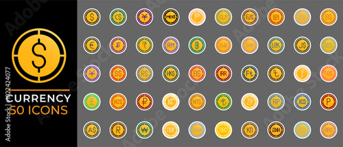 Set currency gradient fill icons. world financial coins, with modern style, suitable for interfaces and logos.