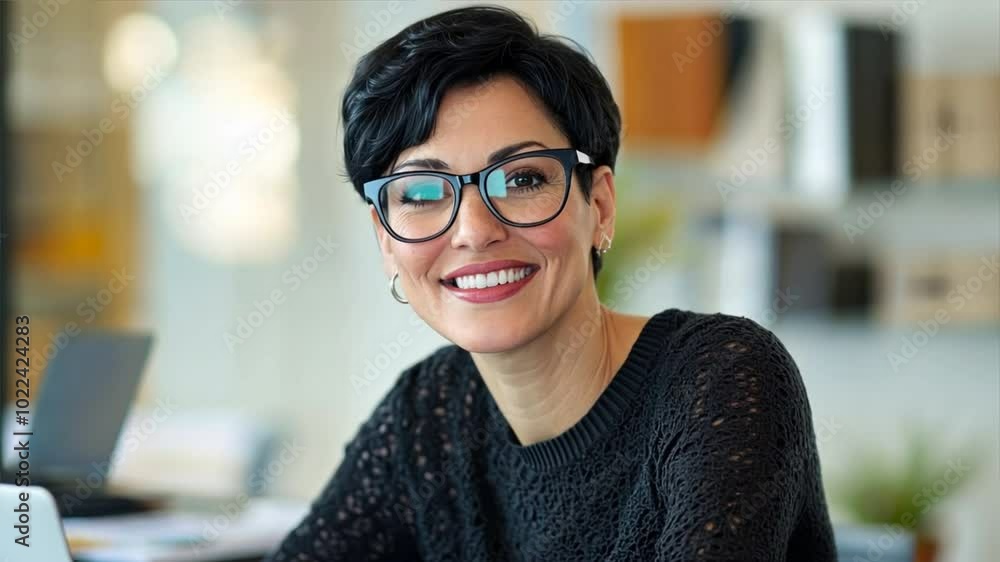 A confident businesswoman with short black hair and stylish glasses, smiling while working at her desk, surrounded by documents and a laptop in a modern office setting A confident businesswoman with short black hair and stylish glasses, smiling while working at her desk, surrounded by documents and a laptop in a modern office setting