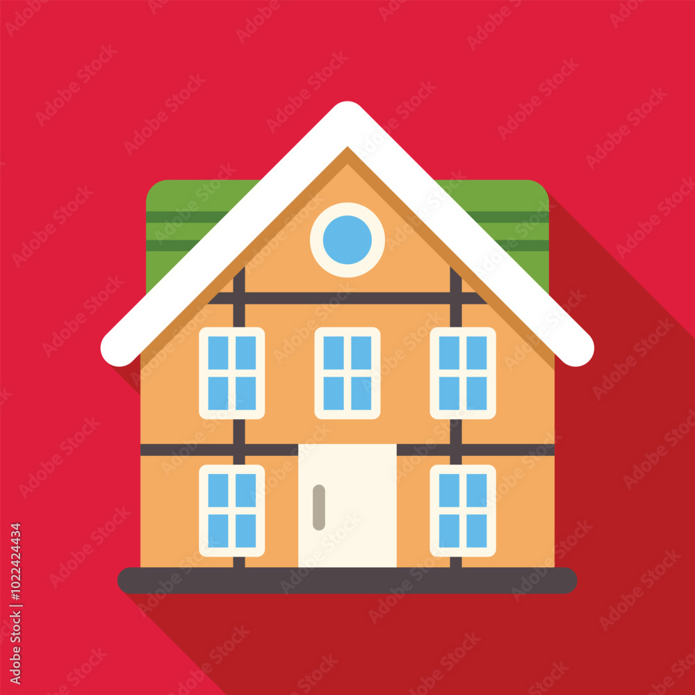 Timber framed home with green roof and white trim on red background Timber framed home with green roof and white trim on red background