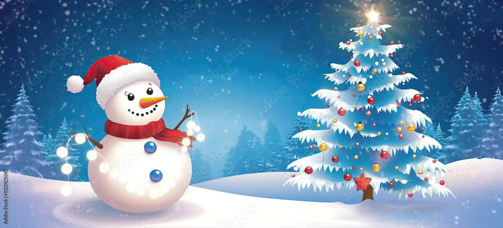 A cheerful snowman with a red hat and scarf stands on a snowy hill, waving amidst softly falling snow. In the background, a decorated Christmas tree with ornaments and a star adds a festive touch. A cheerful snowman with a red hat and scarf stands on a snowy hill, waving amidst softly falling snow. In the background, a decorated Christmas tree with ornaments and a star adds a festive touch.