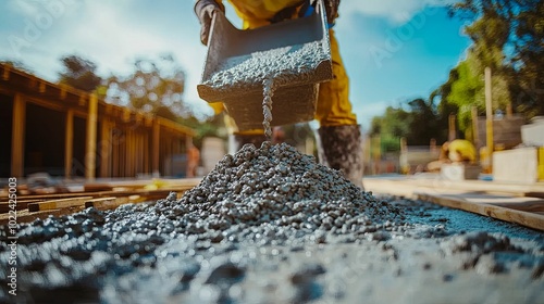 Construction Worker Pouring Wet Concrete From Bucket photo