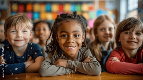 happy multiethnic children smiling in elementary school classroom learning and studying at desks