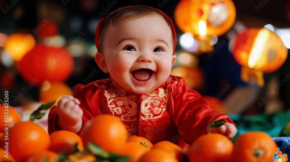 Fototapeta premium Happy Baby in Traditional Red Outfit Surrounded by Oranges