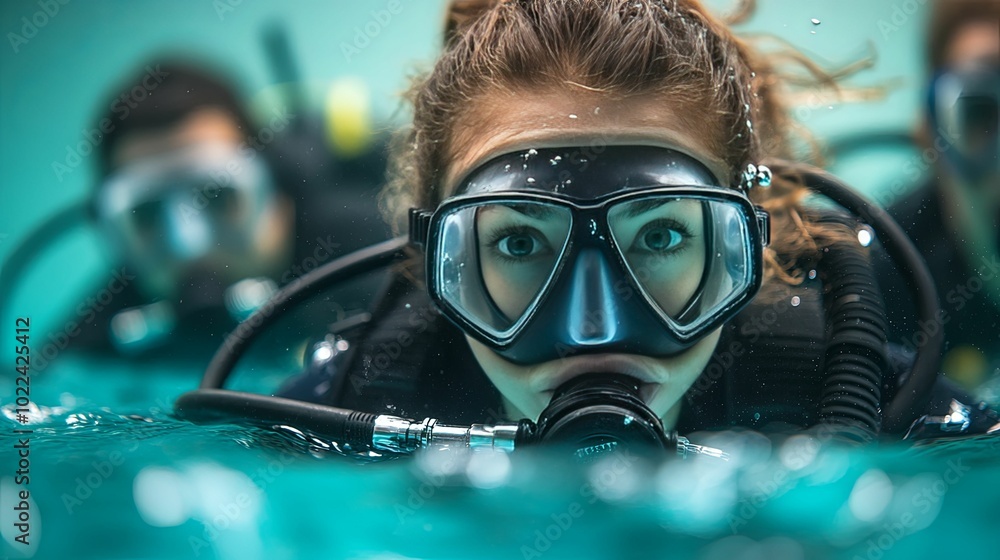 Underwater Dive with a Woman's Focused Gaze Underwater Dive with a Woman's Focused Gaze