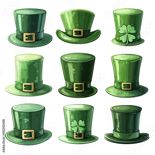 St Patrick's Day celebration set with leprechaun, green hat, shamrocks, gold coins, and Irish symbols photo