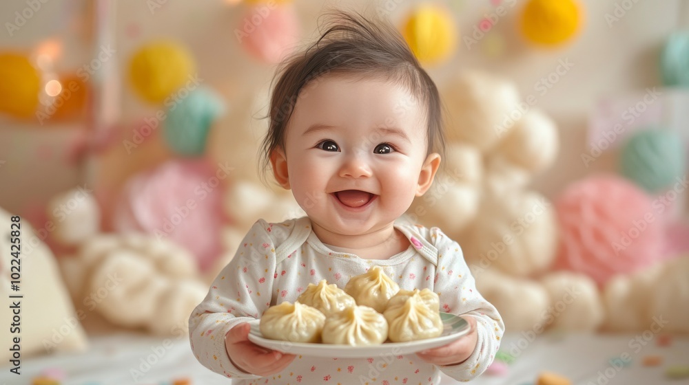 Joyful Baby with Sparkling Eyes Holding Dumplings Joyful Baby with Sparkling Eyes Holding Dumplings