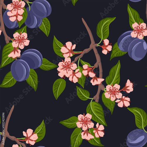 vector drawing seamless pattern plum tree branch with fruits, flowers and green leaves at black background, hand drawn illustration