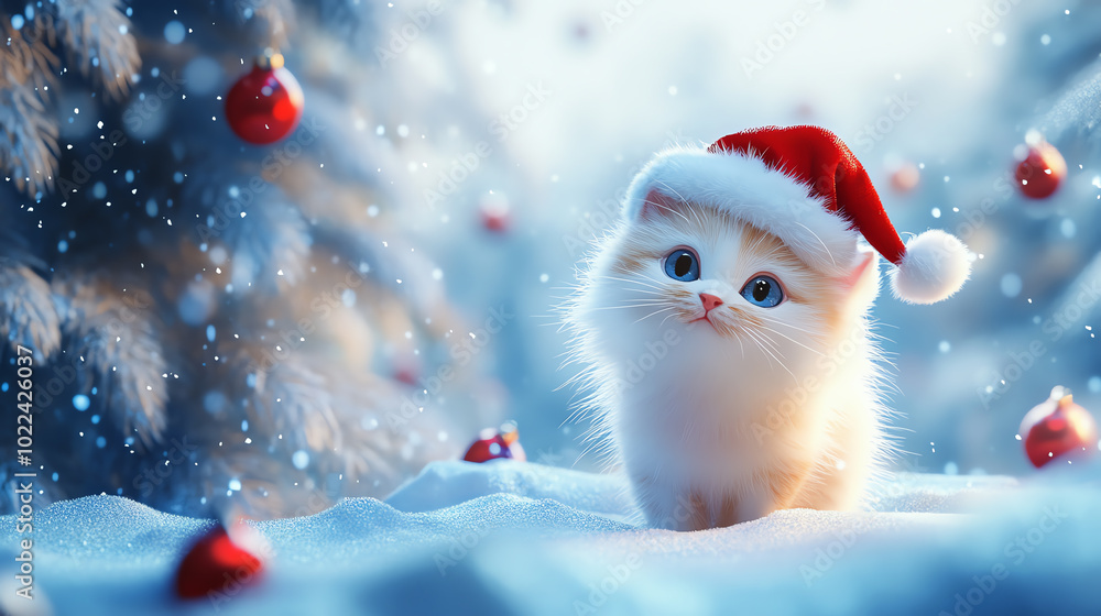 A cute white kitten wearing a Santa hat, playing in the snow with Christmas ornaments, creating a festive winter atmosphere. A cute white kitten wearing a Santa hat, playing in the snow with Christmas ornaments, creating a festive winter atmosphere.