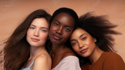 Three women, each with distinctive hair textures and skin tones, share a moment of beauty and unity, showcasing diversity and grace.