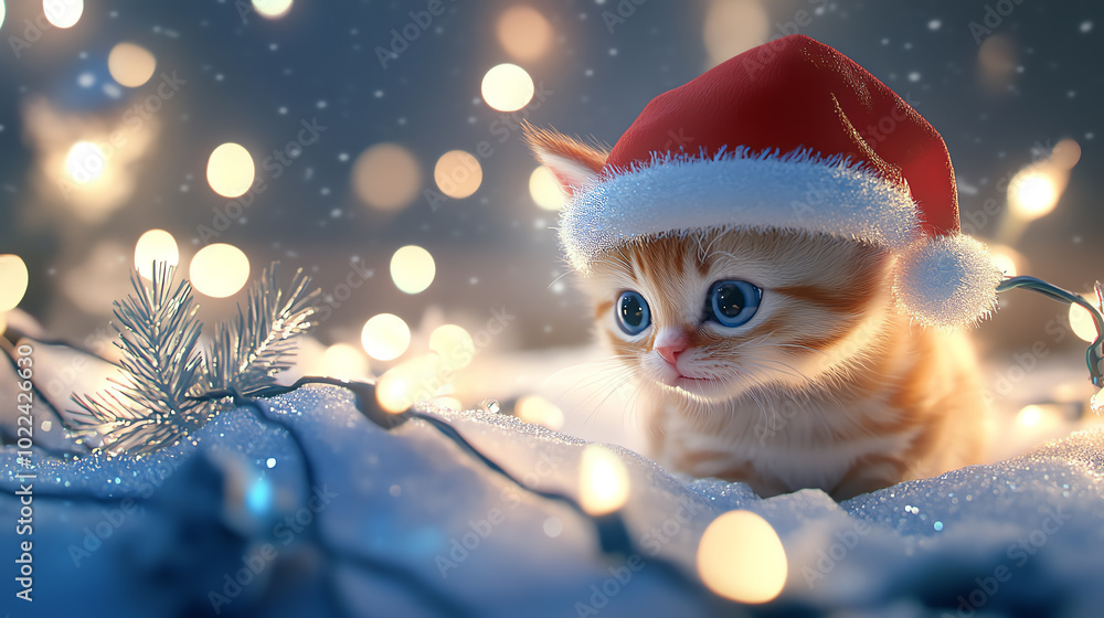 A playful kitten wearing a festive Santa hat surrounded by sparkling lights and soft snow, evoking a cozy holiday spirit and joy during the winter season. A playful kitten wearing a festive Santa hat surrounded by sparkling lights and soft snow, evoking a cozy holiday spirit and joy during the winter season.