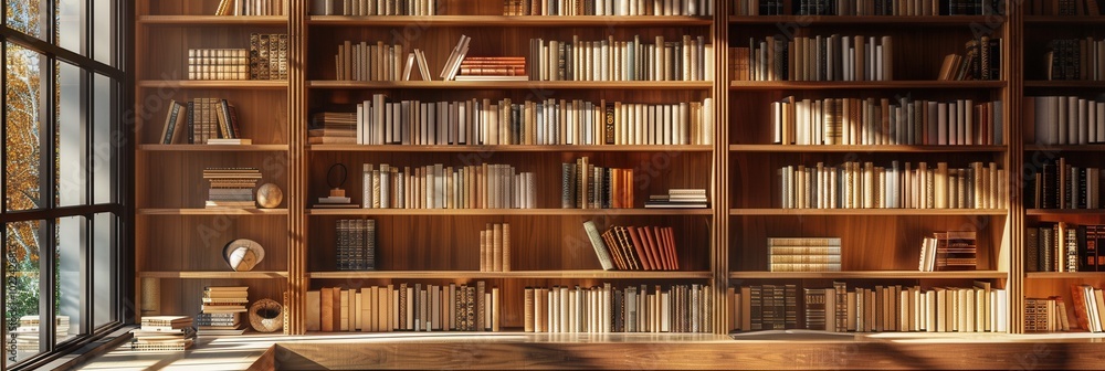 Wooden shelves display numerous textbooks and academic literature, creating a cozy and inviting reading environment perfect for study or research. Generative AI Wooden shelves display numerous textbooks and academic literature, creating a cozy and inviting reading environment perfect for study or research. Generative AI