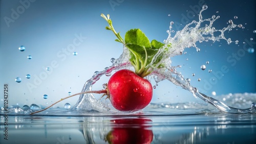 A bright red radish dives into water, creating an eye-catching splash. The high depth of field emphasizes the radish’s vibrant color and the water's ripple effect.