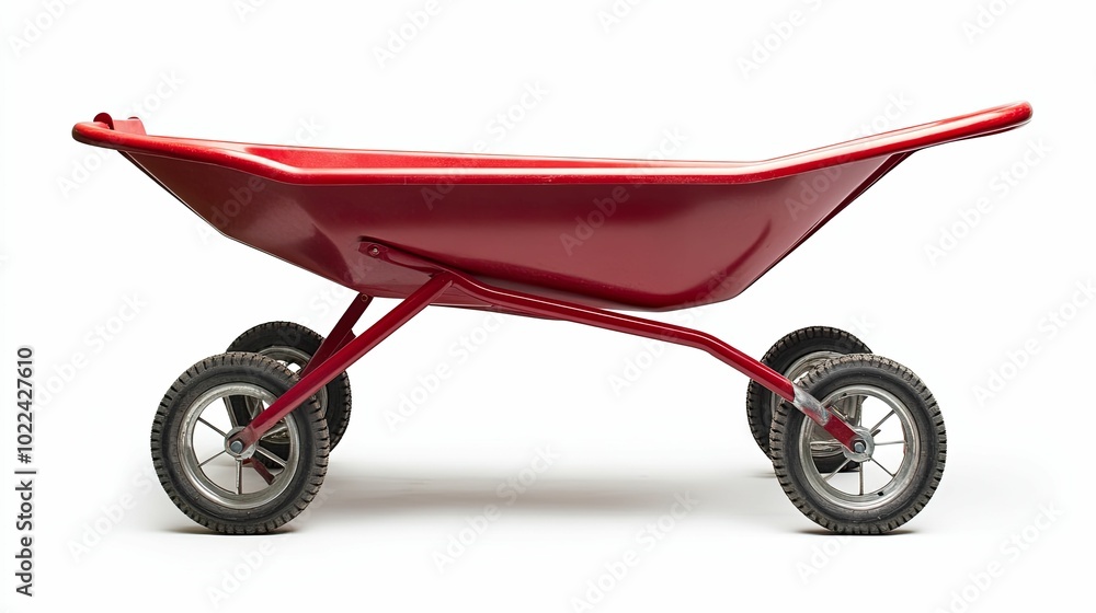 Red Wheelbarrow with Four Wheels on a White Background Red Wheelbarrow with Four Wheels on a White Background