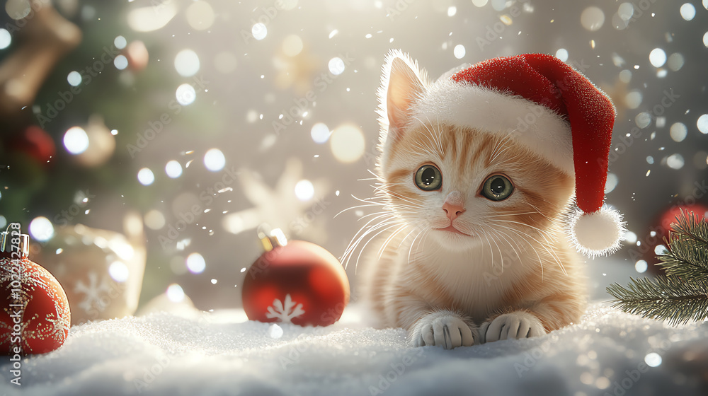 Adorable kitten wearing a Santa hat, surrounded by festive decorations and snowflakes. Perfect for holiday themes and seasonal greetings. Adorable kitten wearing a Santa hat, surrounded by festive decorations and snowflakes. Perfect for holiday themes and seasonal greetings.