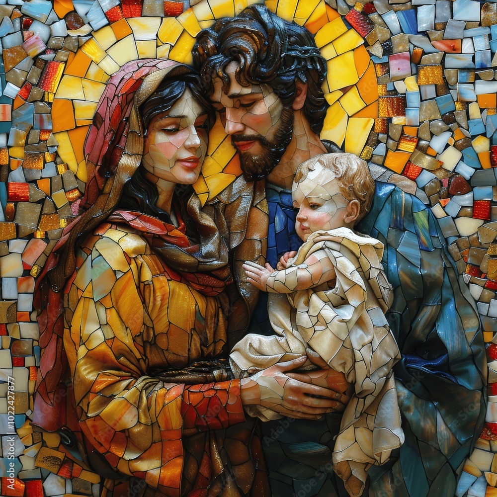 Fototapeta premium Beautiful Hyper Realistic Painting of Mary Joseph Baby Jesus with Stained Glass Background