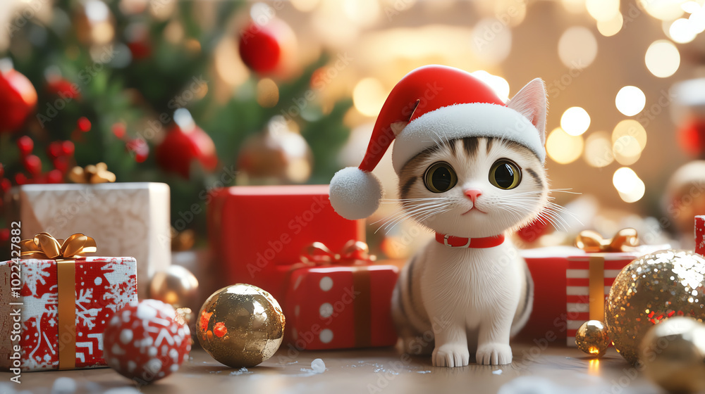Adorable kitten wearing a Santa hat surrounded by festive decorations and gifts, creating a joyful holiday atmosphere. Adorable kitten wearing a Santa hat surrounded by festive decorations and gifts, creating a joyful holiday atmosphere.
