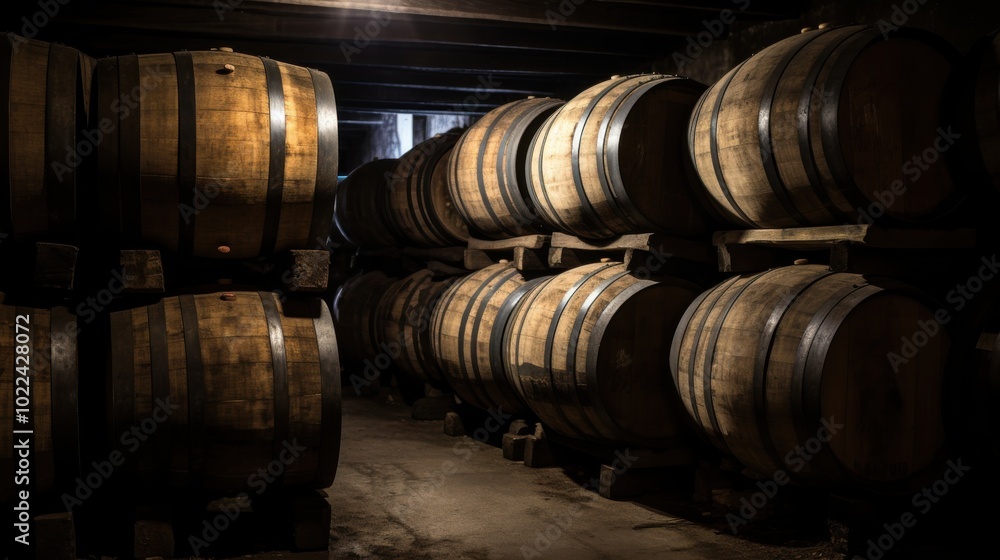 In a dimly lit cellar, rustic wooden barrels are tightly packed together, exuding a rich history and the promise of aging wine in a timeless ambiance.