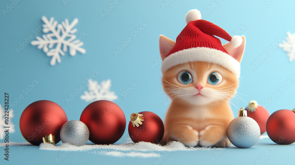 An adorable kitten in a Santa hat surrounded by colorful Christmas ornaments and snowflakes, creating a festive winter atmosphere. An adorable kitten in a Santa hat surrounded by colorful Christmas ornaments and snowflakes, creating a festive winter atmosphere.