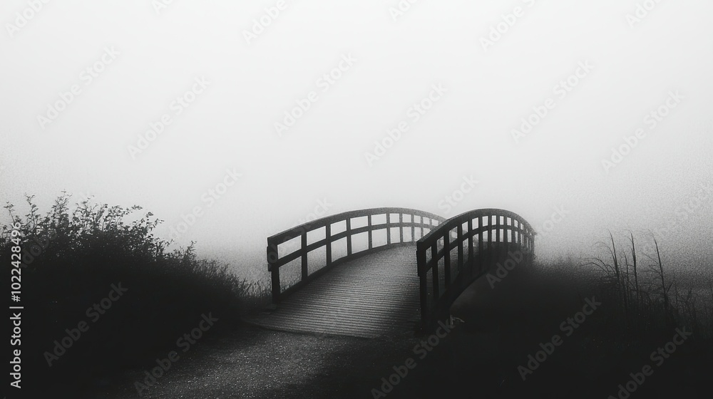 Black and white photo of a bridge disappearing into the mist, creating a sense of mystery and distance. Black and white photo of a bridge disappearing into the mist, creating a sense of mystery and distance.