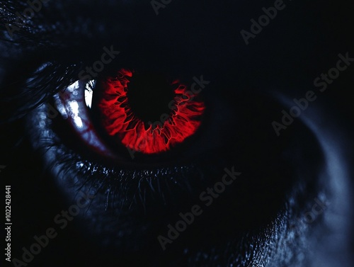 2408 54.Two blood-red eyes shine menacingly from the shadows, the glow cutting through the blackness like a predator on the hunt. The intense, evil gaze creates an eerie, spine-chilling feeling as if photo