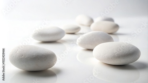 A collection of luminous white stones on a white backdrop, captured in soft light, exemplifies minimalist aesthetics and evokes a sense of calm beauty.