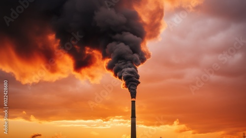 A smokestack releases thick black smoke and dramatic flames against a fiery sunset, reflecting industrial might and environmental concerns. photo