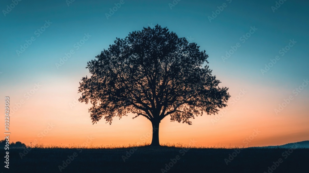 Black silhouette of a tree against a twilight sky, creating a moody and serene natural scene. Black silhouette of a tree against a twilight sky, creating a moody and serene natural scene.