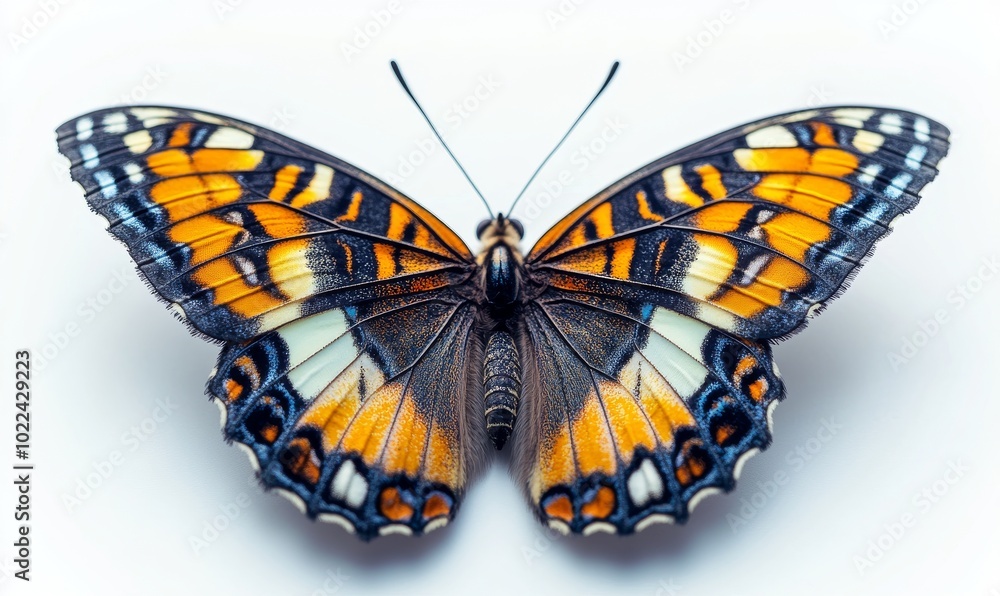 A vibrant butterfly with orange, black, and white wings, against a white background, with its wings spread open. A vibrant butterfly with orange, black, and white wings, against a white background, with its wings spread open.