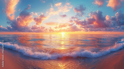 A Vivid Sunset Over Calm Ocean Waves With Pink Clouds