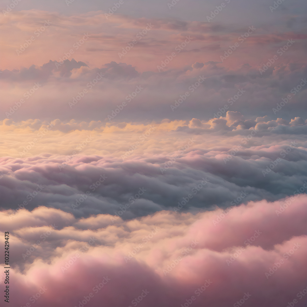 Fototapeta premium Low clouds lingering near the horizon at dawn, with the sky glowing in pastel shades of yellow, pink, and blue, creating a calming atmosphere 