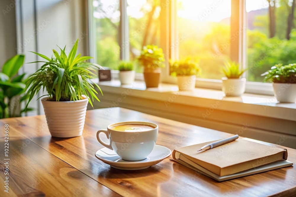 Inspiring Workspace with Coffee in a Serene Corner of a Modern Office Inspiring Workspace with Coffee in a Serene Corner of a Modern Office