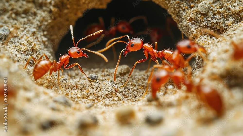 Close-up of ants building a nest with sand grains, showcasing teamwork and intricate tunnels. Warm lighting enhances the natural scene. Close-up of ants building a nest with sand grains, showcasing teamwork and intricate tunnels. Warm lighting enhances the natural scene.