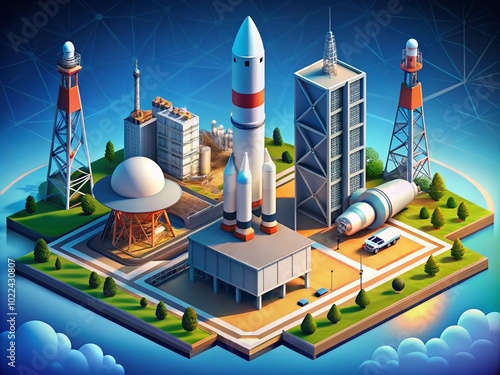 Isometric Cosmodrome Illustration of Cargo Rocket Launch for Space Exploration and Research photo