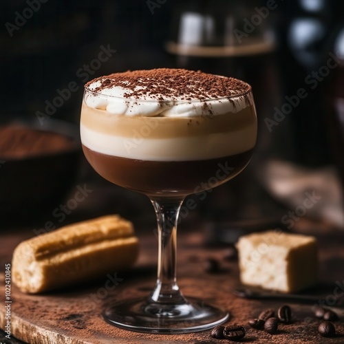 A tiramisuinspired cocktail in a glass, rich cream topping, dusting of cocoa, layered with espresso and liquor, garnished with a ladyfinger on the side, moody bar setting