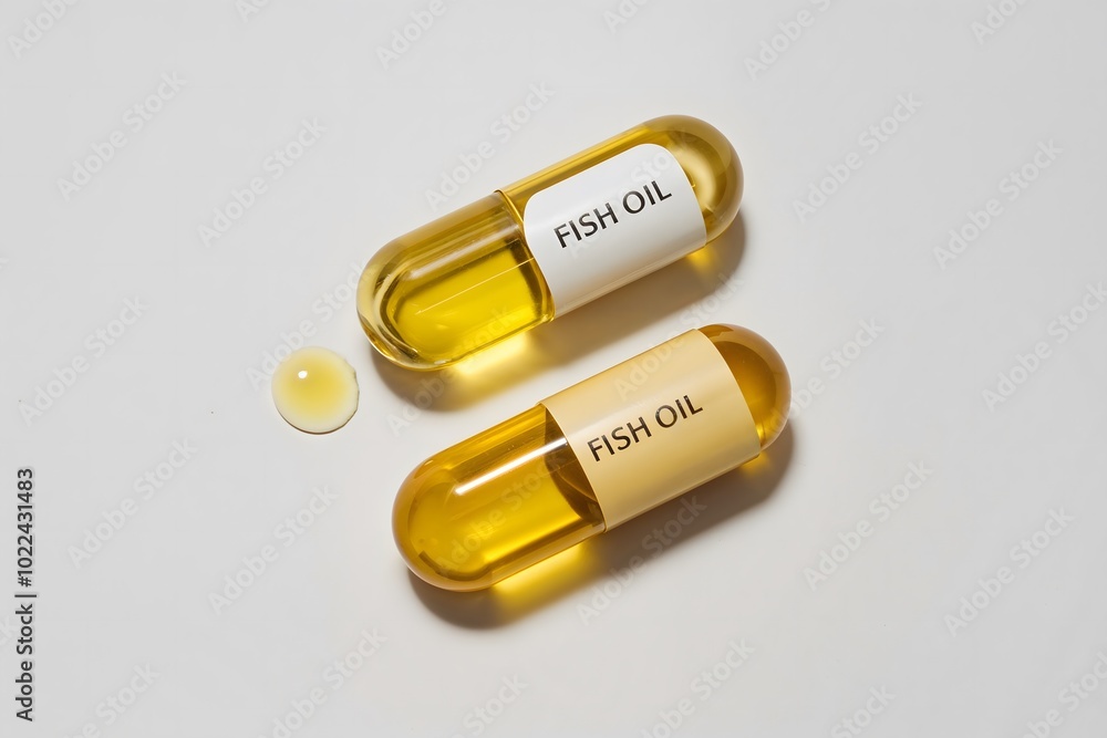 Two clear capsules of fish oil with a single drop of oil, against a white background. Two clear capsules of fish oil with a single drop of oil, against a white background.