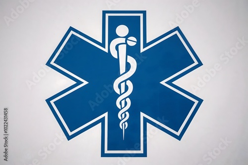 A blue star of life with a white caduceus in the center photo