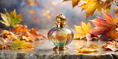 A Golden Bottle of Perfume Nestled Among Autumn Leaves, Capturing the Essence of the Season