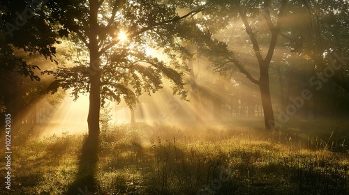 Golden Hour Sunbeams in a Misty Forest