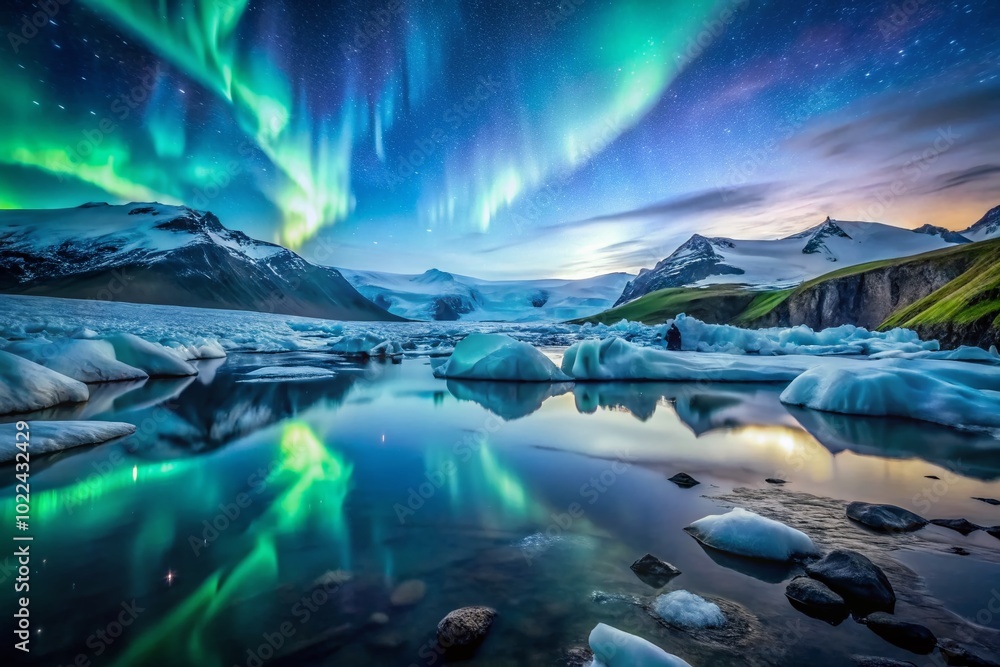 Long Exposure Icelandic Glacier Night with Northern Lights and River Long Exposure Icelandic Glacier Night with Northern Lights and River