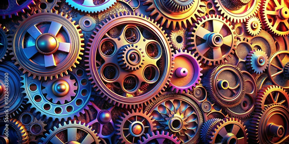 A symphony of metallic gears, interlocked and synchronized, forming a vibrant tapestry of intricate design and radiant hues. A symphony of metallic gears, interlocked and synchronized, forming a vibrant tapestry of intricate design and radiant hues.