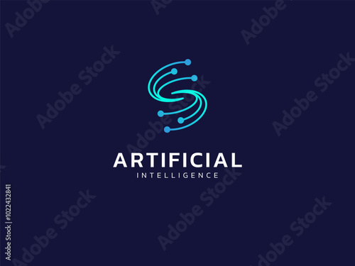 Artificial intelligence with letter S curved Network lines technology Analysis logo vector design concept. AI technology logotype symbol for advance technology, tech company, identity, innovation, ui.