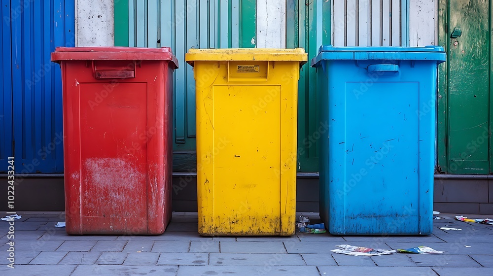Three Colorful Recycling Bins in Front of a Building Three Colorful Recycling Bins in Front of a Building