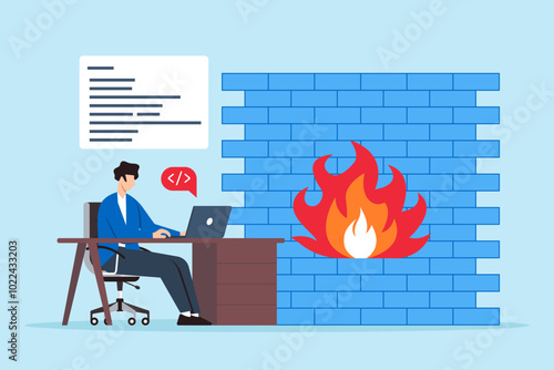 Flat illustration of hacker typing code on laptop with cybersecurity firewall