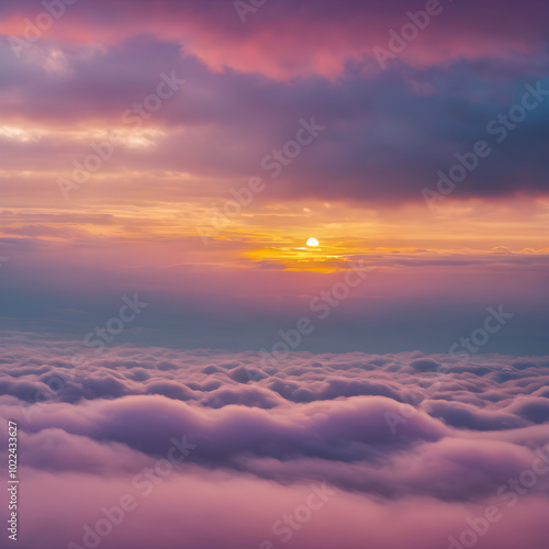 Low clouds lingering near the horizon at dawn, with the sky glowing in pastel shades of yellow, pink, and blue, creating a calming atmosphere 